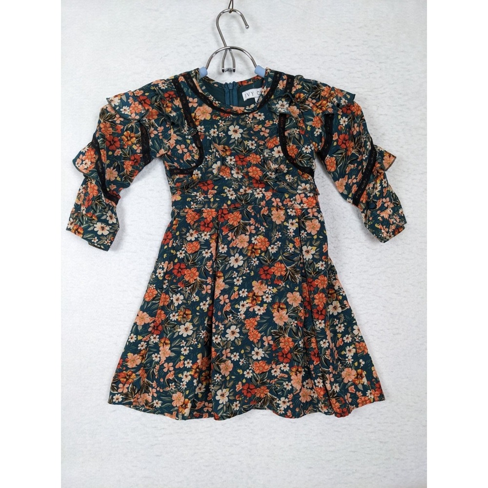 Ivy City 3T Floral Dress For Girls Green Orange 100% Polyester